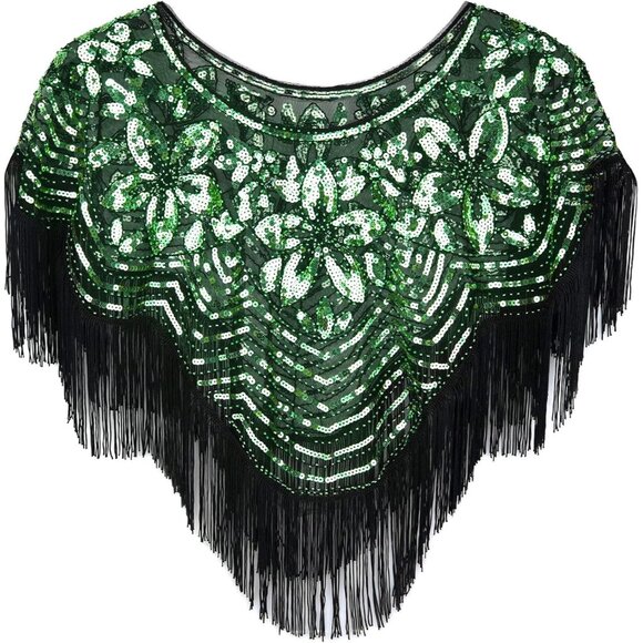 Women's Black Green 1920s Shawl Sequin Beaded Art Evening Cape Tassel Shawls - Picture 1 of 6